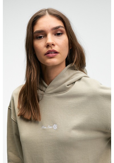 Grimelange CAMELLIA Kadın Önü Nakışlı Etek Ucu Yırtmaçlı Kapüşonlu Comfort Fit Taş Rengi Sweatshirt