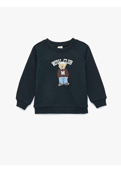 Koton Uzun Kollu Bisiklet Yaka Şardonlu Ayıcık Baskılı Sweatshirt Lacivert 7wmb10014tk