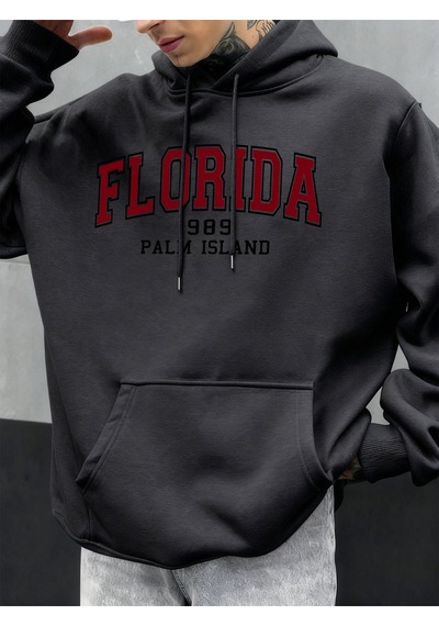 Startmore Startmoreflorida 1989 Palm Island Baskılı Erkekler Kapşonlu Rahat Büyük Boy Kazak Sonbahar Polar Kapüş Antrasit
