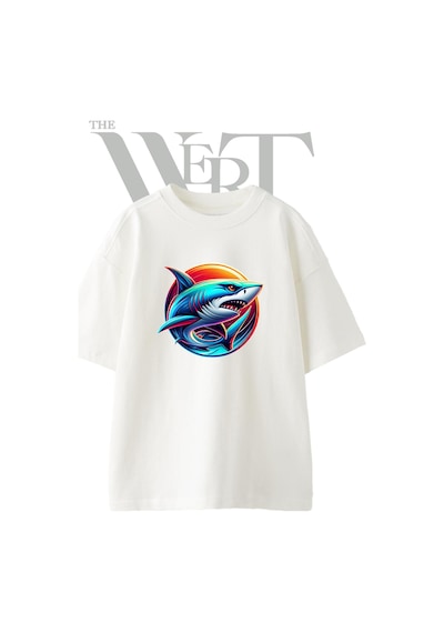 Thewert Shark Logo Tasarım Baskılı Ünisex Beyaz Oversize T-shirt