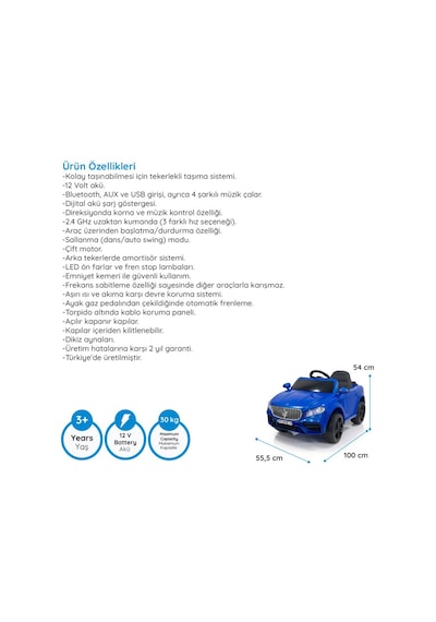 Massimo Gt 4x2 12v Uzaktan Kumandalı Led Farlı 2x Arka Süspansiyonlu Kemerli Çocuk Akülü Araba Mavi