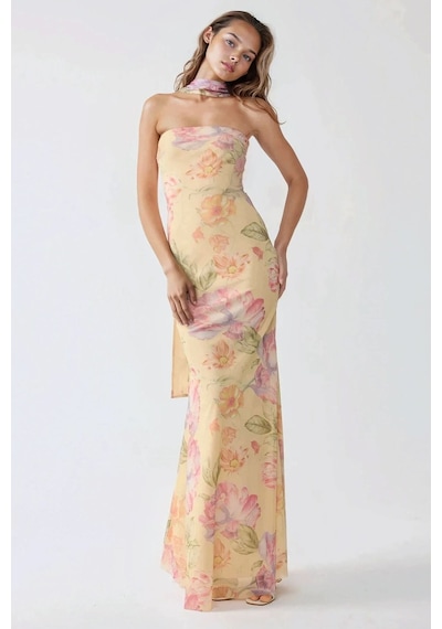 Hiccup Straplez Çiçek Desenli Tül Kuşaklı Bodycon Maxi Elbise Çok renkli