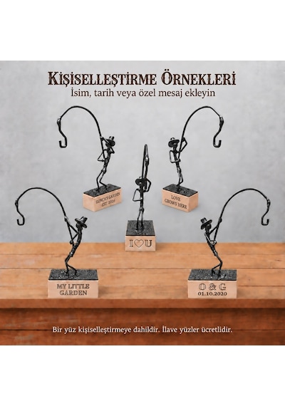 Kişiye Özel Sukulent Askısı – El Yapımı Metal Heykel ve Ahşap Kaide SPH003