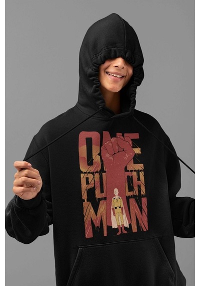 Sevbano Saitama Anime Karakter Baskılı Unisex Hoodie, Oversize One Punch Siyah