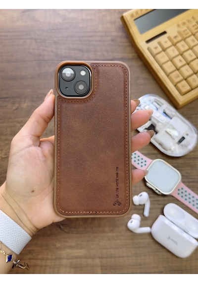 Apple iPhone 14 Uyumlu Premium Deri Dokulu Darbelere Karşı Dayanıklı Nazal Silikon Kılıf Kahverengi