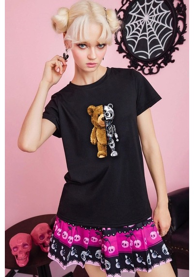 Unisex Boys Bear Baskılı Tasarım Tshirt SIYAH