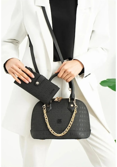 Just Polo Kadın Zincir Detaylı Lüks El & Omuz Çantası Ve Cüzdanı Kombin Shopper Ebat : 25x22 Cm Siyah