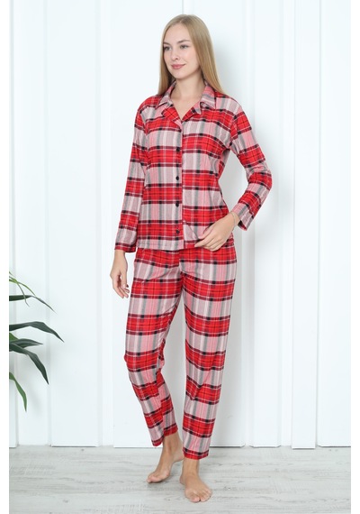 Wordex Mr 3707 Boydan Düğmeli Soft Süet Kışlık Kareli Kadın Pijama Takımı Kırmızı