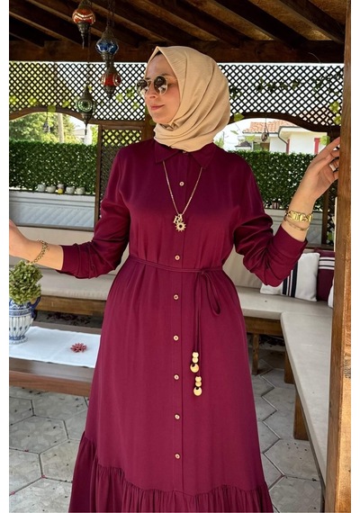 Rabia Şamlı Süreyya Gömlek Elbise Bordo Normal