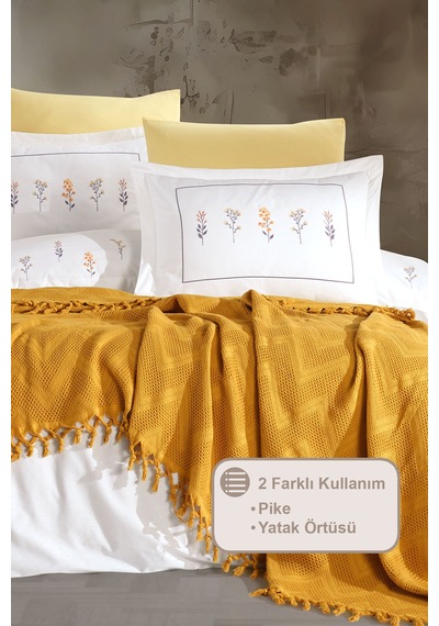 Elart Daisy Pike Yatak Örtüsü %100 Pamuk Püsküllü 220x240 Cm Sarı