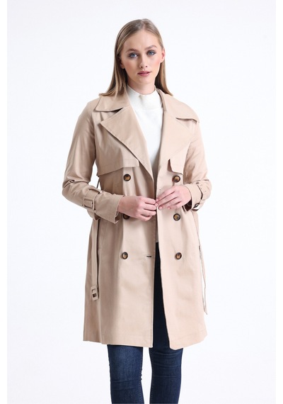 Pastelastore Esnek Pamuk Gabardin Midi 95cm Astarsız Kadın Trençkot 1118 Bej