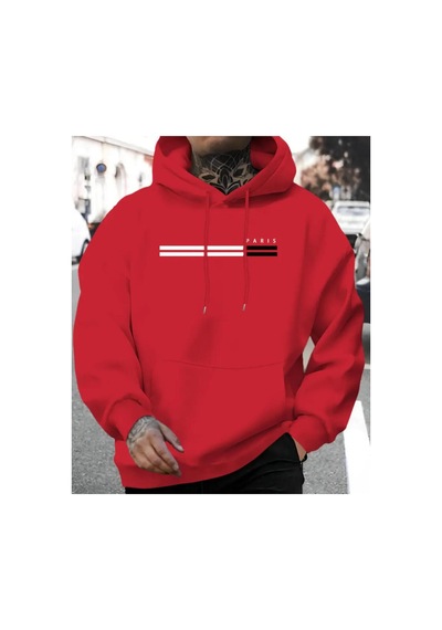 Herkesemoda Cizgi Paris Baskılı Kapşonlu Kırmızı Sweatshirt Kırmızı
