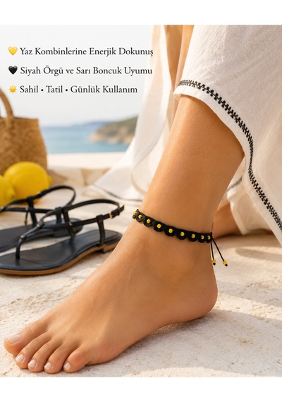 Boncuklu Halhal El Örgüsü Ayarlanabilir Bohem Yazlık Ayak Bileği Takısı Siyah