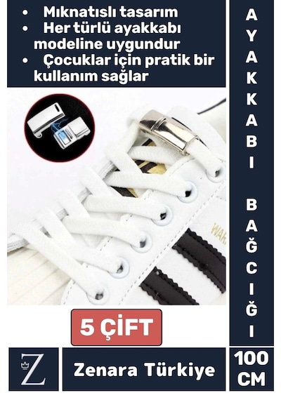 Zenara Tüm Yaşlar İçin Şık Klipsli Manyetik Lastikli Pratik Mıknatıslı Çocuk Ayakkabı Bağcığı 100 Cm-5 Çift Çok Renkli