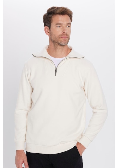 Tudors Unisex Relax Fit Rahat Kesim Fitilli Desenli Pamuklu Yarım Fermuarlı Ekru Dik Yaka Sweatshirt-31988 Ekru