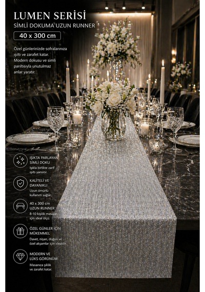 Lumen Serisi Silver 40x300 Cm Simli Dokuma Uzun Runner Modern Lüks Masa Örtüsü 8-10 Kişilik Gümüş