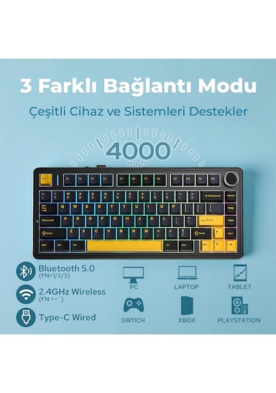 Aula F75 Mekanik Rgb Tkl Reaper Switch Kablosuz Makrolu Hot Swap Klavye Siyah