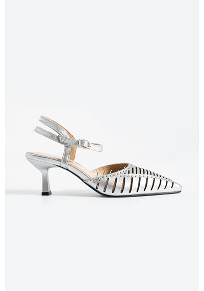 Dericia Shoes Motion Hakiki Deri Lazerli Kadın İnce Topuklu Ayakkabı Gümüş