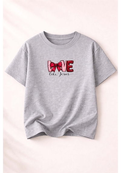 Herkesemoda Love Baskı Detaylı Kadın Bisiklet Yaka Pamuklu T-shirt Gri