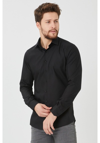 Bawcompany Erkek Siyah Slim Fit Düz Büyük Beden Gömlek