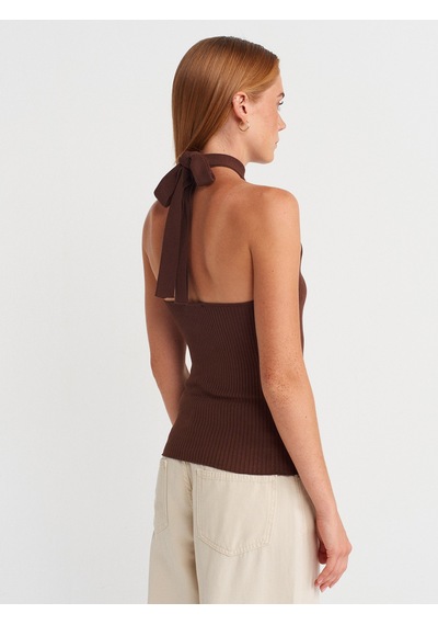 Dilvin 10798 Halter Bağlamalı Yaka Fitilli Triko Bluz-kahve Kahve