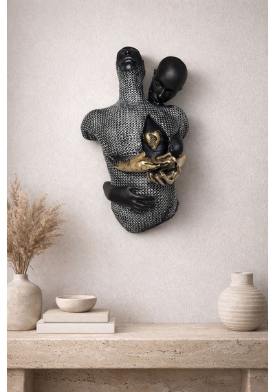 Modern Aşk Temalı Dekoratif Heykel 47 Cm Soyut Çift Figürlü Altın Detaylı Biblo