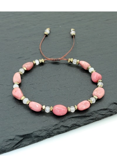 Sertifikalı Pembe Kuvars, Rodonit Ve Hematit Doğal Taşlı Kadın Bileklik / Bronz Gold Pembe