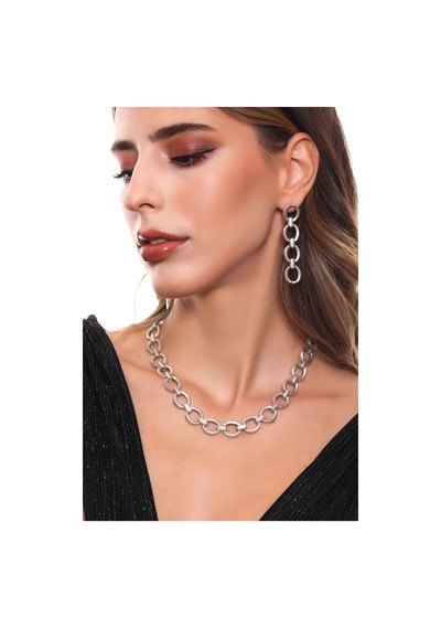 Kadın Antik Gümüş Kaplama Elips Zicir Kolye & Bileklik & Küpe Set Gümüş