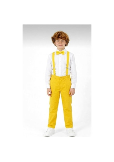 Nacar Store Erkek Çocuk 23 Nisan 29 Ekim Beyaz Uzun Kollu Gömlek Sarı Pantolon Sarı Askı Papyon Takım
