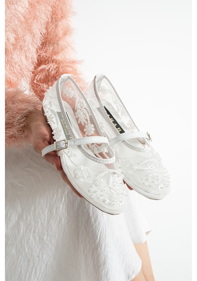 Dabab Shoes Flora Kadın Beyaz İnci İşlemeli Tül Dokulu Bantlı Babet Düz Ayakkabı