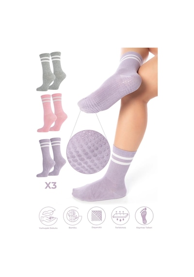 Saysez Bambu Kadın Kaydırmaz Taban Silikon Baskı Pilates Yoga Fitness Dans Aktivite Tenis Çorabı Renkli 3lü Renkli
