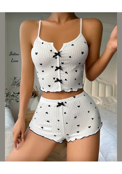 Intive Comfort Kalp Desenli V Yaka İnce Askılı Mini Şortlu Büstiy Beyaz