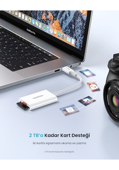 Ugreen 2-in-1 Usb-c Sd Ve Microsd Kart Okuyucu, Usb 3.0, 2 Tb Kart Desteği, 15 Cm Kablo Beyaz, 35506