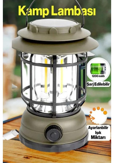 Janva Solar GÜneş Enerjili Nostaljik Işığı Ayarlanabilir Ledli Kamp Feneri Lamba Işıldak Usb Şarjlı 18650 Yeşil