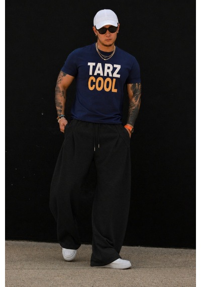 Tarz Cool Erkek Oversize Eşofman Altı Bağcıklı Rahat Kalıp Günlük Basic Jogger Pantolon Siyah