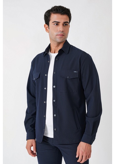 Comfort Fit Yan Cepli Esnek İnce Çizgili Lacivert Gömlek Ceket G 1608
