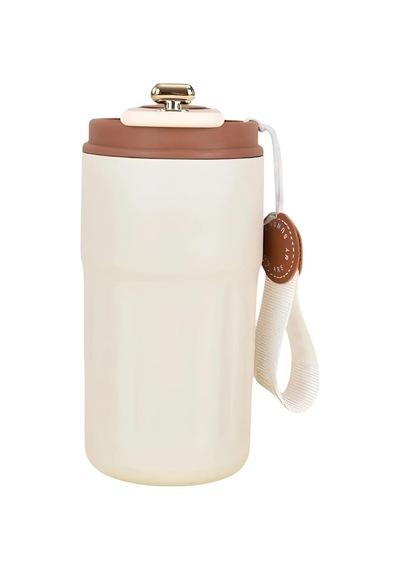 304 Paslanmaz Çelik 450 Ml Bilek Askılı Derece Göstergeli Termos Bardak Mug - Al5024 Krem Çok Renkli