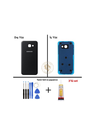 Samsung Galaxy A3 2017 A320 Siyah Renk Arka Kapak + Tamir Seti + B7000 Yapıştırıcı Arka Cam Batarya Kapağı Pil Kapağı Lazer Kesim Back Cover Galaxy A3 2017 Uyumlu
