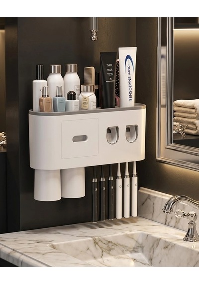 Mey İthalat Çift Dispenserli Diş Macunu Sıkacağı 6 Fırçalık Bardaklı Banyo Organizer Çok Renkli