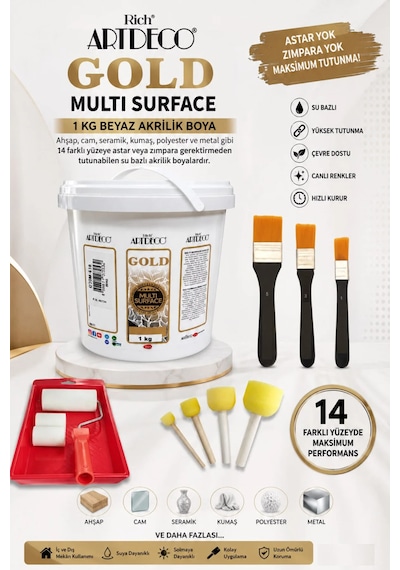 Artdeco Multi Surface Akrilik Boya 1 Kg Beyaz Rulo Ve Fırça Tavası I Tampon Sünger Takımı Zemin Fırça Seti Karışık Renk