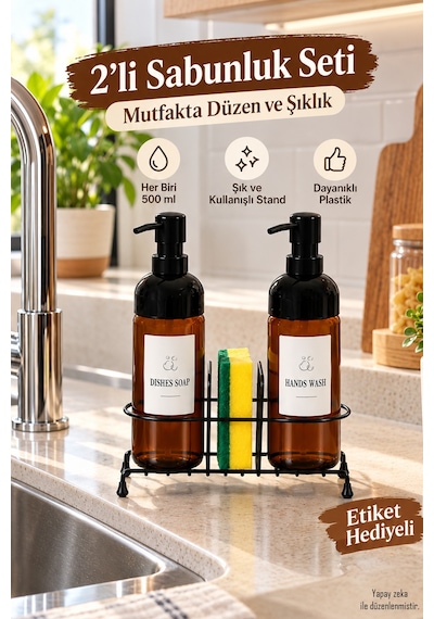 Porsima S-1271 Metal Standlı 2'li Sıvı Sabunluk 500 Ml - Mutfak Bulaşık Deterjanlık Seti Siyah