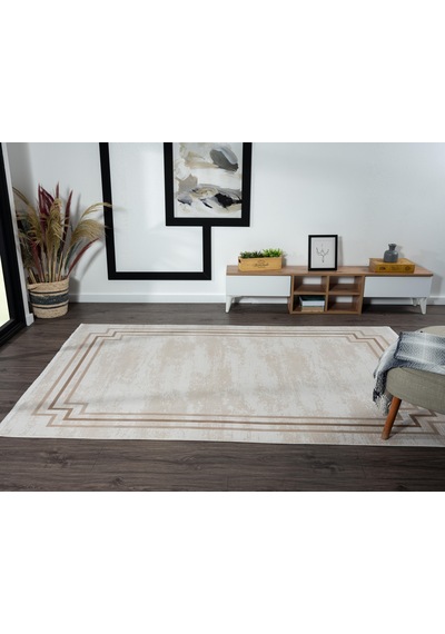 Merit Mr004a Krem Halı Kahverengi Kenar Çerçeveli Ince Yumuşak Akrilik Tozuaz Modern Salon Halısı-133 Krem