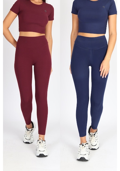 Soft&Basic Kadın 2'li Slım Fit Toparlayıcı Ve Esnek Kumaş Bordo-lacivert Tayt Bordo-lacivert