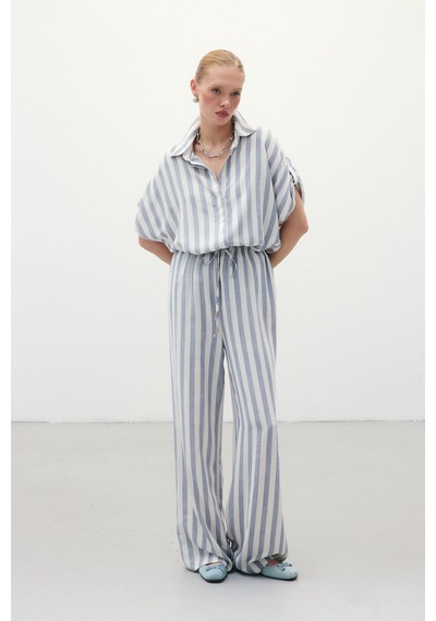 Sateen Çizgili Keten Karışımlı Pantolon - Lacivert-136316 Lacivert
