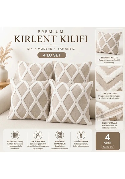 Premium Kırlent Kılıfı 4'lü Set 43x43 Cm Baklava Bej-beyaz