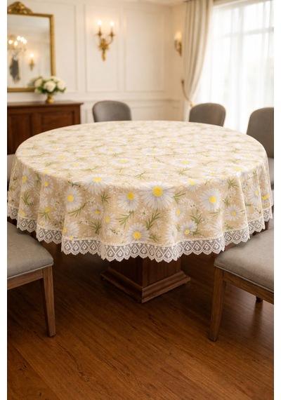 Lüks Güpürlü Yuvarlak Masa Örtüsü Şık Desenli, Çeyizlik, Salon Ve Mutfak İçin Dekoratif Örtü Bej