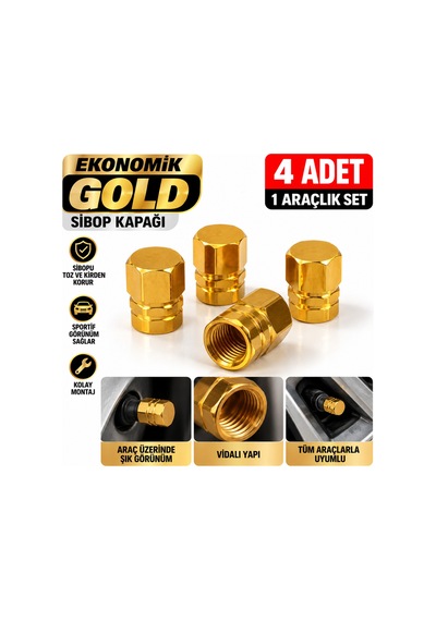 Ekonomik Gold Sibop Kapağı 4'lü Set Altın Renk Araç Lastik Sibop Koruyucu Dekoratif Vidalı Kapak - 939654711