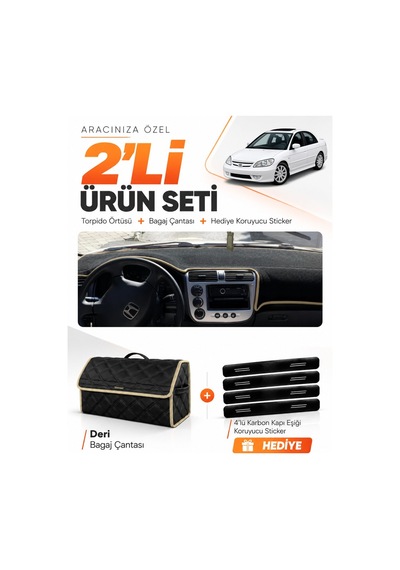 E-biz Honda Civic Vtec2 2002-2005 Uyumlu Torpido Örtüsü + Deri Bagaj Çantası - Siyah-bej - Ho009