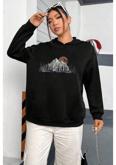 Mountain Baskılı Oversize Sweatshirt Siyah