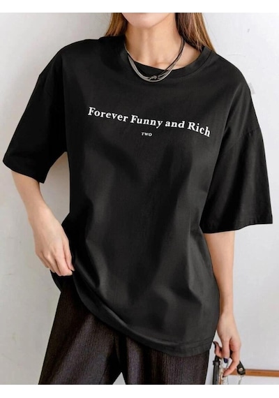 Flood Of Style Kadın Siyah Funny Baskılı Oversize T-shirt
